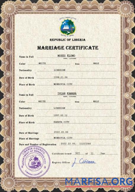 Realistic Liberia marriage certificate PSD template